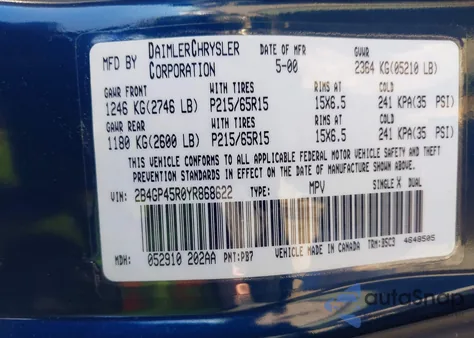 2000 Dodge Caravan Se из США, поврежденный, VIN 2B4GP45R0YR868622